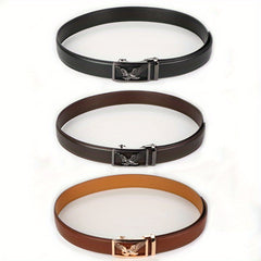 Three genuine leather belts with automatic ratchet buckles featuring an eagle head design.