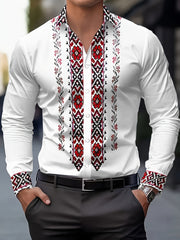 Men's Tribal Ethnic Print Long Sleeve Dress Shirt - 100% Polyester, Classic Collar & Button-Up Front, Machine Washable, Spring/Fall Casual to Formal Wear