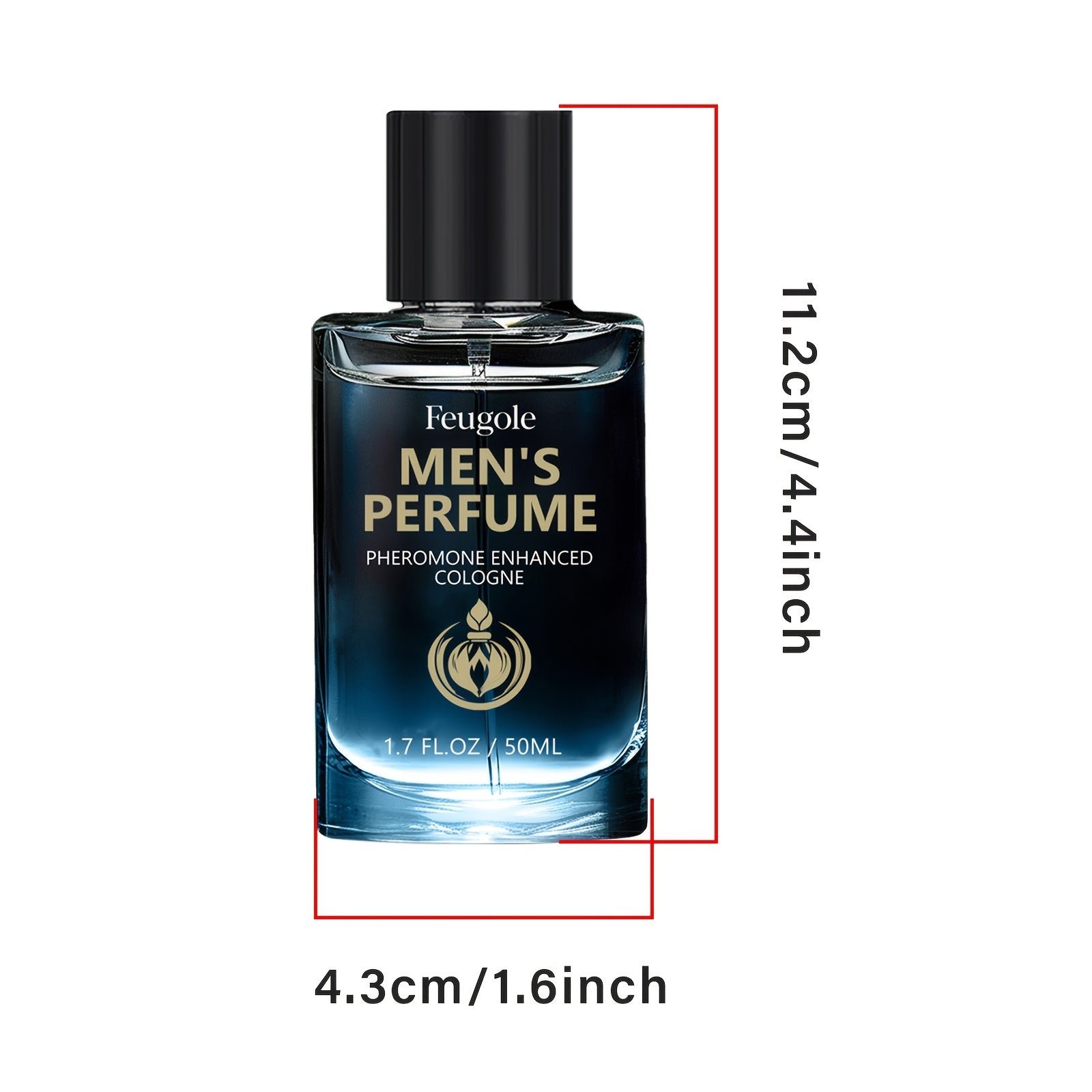 A bottle of Feugole pheromone enhanced cologne for men with dimensions of 11.2cm by 4.3cm.