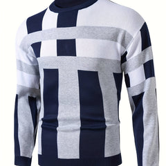 Men's Color Block Round Neck Sweater, Trendy Stretch Warm Pullover For Winter Outdoor