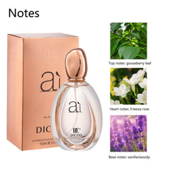 A DICOO perfume bottle and its rose gold box are displayed next to images of gooseberry leaves, freesia, and lavender.