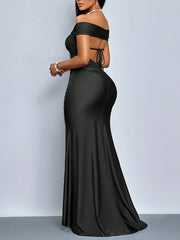 Women's Off-the-Shoulder Bodycon Evening Dress - Solid Color with Side Slit, Machine Washable Lightweight Formal Party Dress for All Seasons, Allseason Attire, Elegant Design