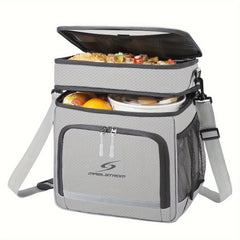 A grey insulated lunch cooler bag with two compartments and an adjustable shoulder strap.