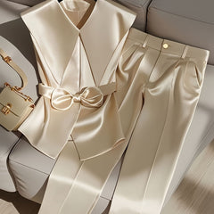 A champagne-colored sleeveless top with a bow waist and matching trousers on a sofa.