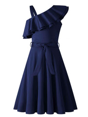 Girl's Sleeveless Polka Dot A-Line Dress with Ruffled One-Shoulder Design and Waist Bow - Black & White Summer Dress for Youngsters 5-12 Years