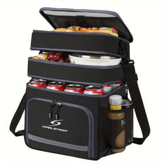 A black Maelstrom insulated lunch cooler bag with three stacked compartments filled with food.