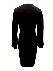 A black long-sleeved bodycon dress with a crew neck and split cuffs.