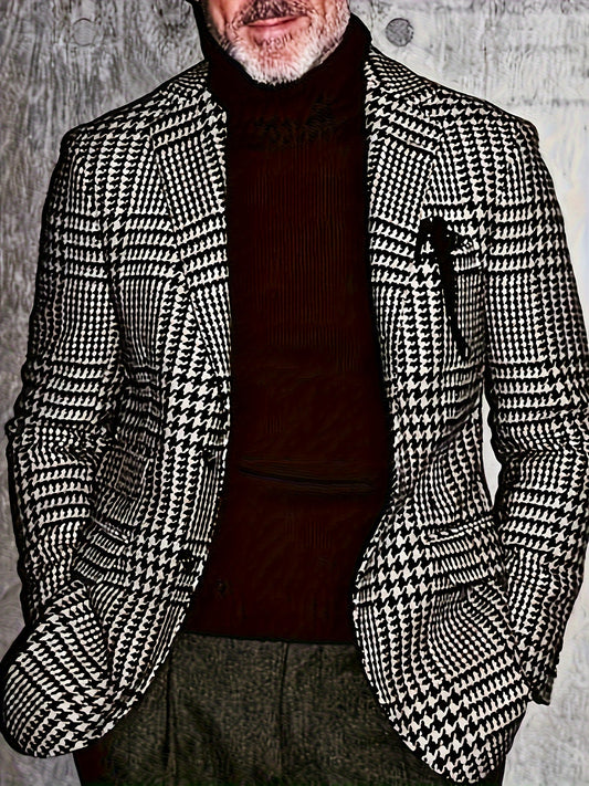 1pc Men'S Classic Houndstooth Blazer - Casual Polyester Suit Jacket with Lapel Collar, Button Details, Woven Fabric, Non-Stretch - Regular Fit for Spring/Fall Season