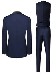 A navy blue three-piece suit set featuring a shawl collar jacket, vest, and matching trousers.