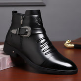 Men's Vintage Western Style Ankle Boots with a Convenient Side Zipper and Ornate Carved Buckle, Featuring a Pointed Toe and Unique Pleated Vamp for a Stylish Biker or Formal Look.