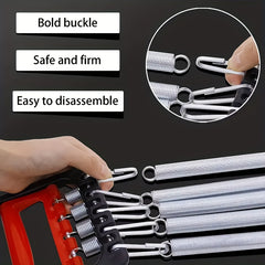 A hand holds a stainless steel chest expander showing the detachable spring mechanism.