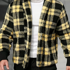 Men'S Plush Jacket - Black & Yellow Checkered Coat, Soft Thermal Insulation Lightweight Outerwear for Fall/Winter, Minimalist Formal & Everyday Blazers, Easy-Care Non-Lined Design, Fall Fashion, Classic Collar, Durable Constr