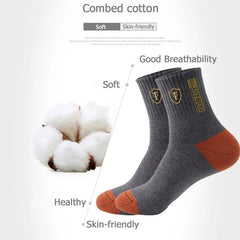 A set of 5 pairs of men's sports socks (EU 38-43) in gray and orange, made from breathable, sweat-absorbent cotton, are displayed with a cotton boll and feature “soft,” “skin-friendly,” and “combed cotton” qualities.