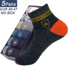 Set of 5 pairs of breathable, thin men's sports socks for EU sizes 38–43. Shown: one sock with yellow detail and orange toe/heel. Summer leisure, sweat absorbent, comfort fit—no box included.