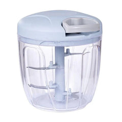 A manual food chopper with a clear plastic bowl and a light blue lid featuring a pull handle.