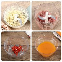 A manual food chopper with a clear plastic bowl and stainless steel blades processing various foods.