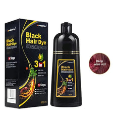 A 500ml bottle of Meidu 3-in-1 hair dye shampoo with its box and a deep wine red color swatch.