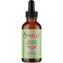 A bottle of Mielle Rosemary Mint scalp and hair strengthening oil with a dropper cap.