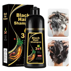 A bottle of 3-in-1 black hair shampoo with its box and images of hair being washed.