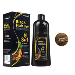 A 500ml bottle of chestnut brown hair dye shampoo with its matching product box.