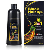 A 500ml bottle of black hair dye shampoo next to its matching product box.