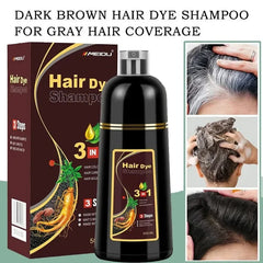 A bottle of Meidu dark brown hair dye shampoo with its box and images of hair application.