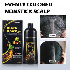 A bottle of Meidu 3-in-1 black hair dye shampoo with before and after photos of gray hair.