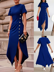 A royal blue slim fit dress with a round neck, short sleeves, and an asymmetrical hem.