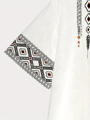 A white men's t-shirt featuring a geometric tribal print on the sleeve and neckline.