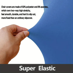 A hand stretches a smooth, blue, elastic fabric chair cover to demonstrate its flexibility.