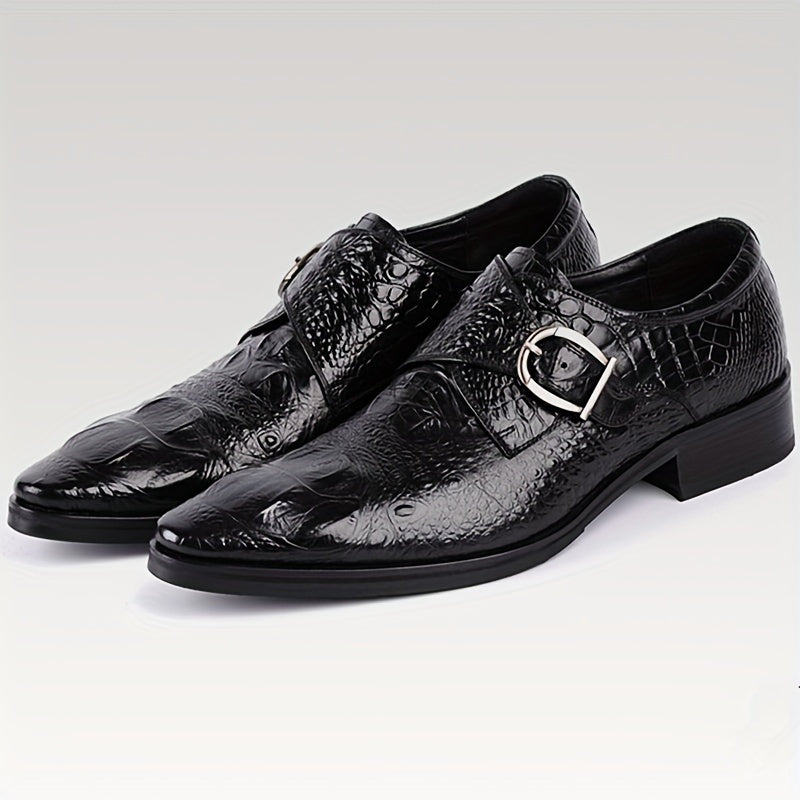 Black crocodile-print pointed-toe loafers featuring a side metal buckle and a glossy finish.