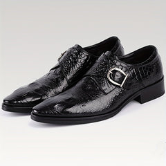 Black crocodile-print pointed-toe loafers featuring a side metal buckle and a glossy finish.