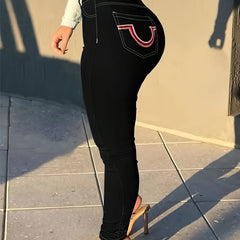 Women's High Waist Ankle-Tight Skinny Jeans - Black Plain with Geometric Embroidery Back Pocket, High Elastic Comfort, Casual Street All-Season Denim Trousers