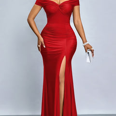 Women's Off-the-Shoulder Bodycon Evening Dress - Solid Color with Side Slit, Machine Washable Lightweight Formal Party Dress for All Seasons, Allseason Attire, Elegant Design