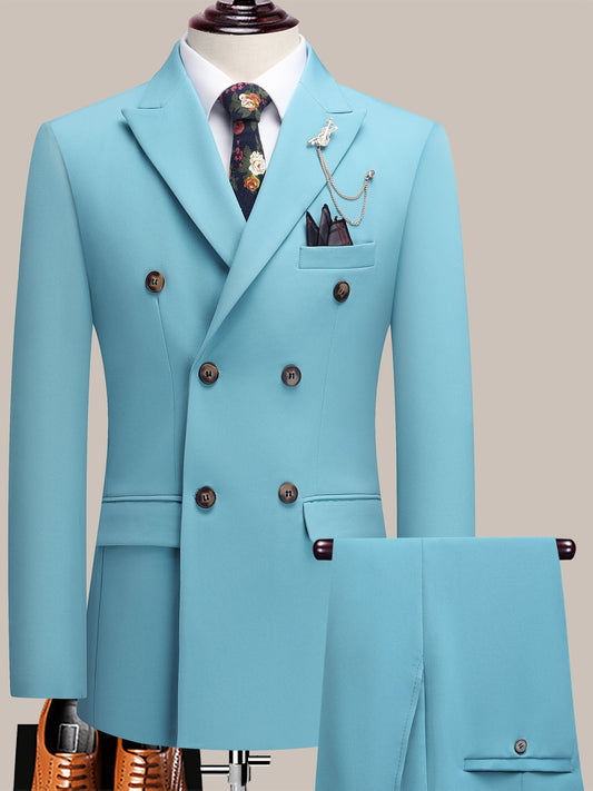 Youth Lapel Double Breasted Suit Set, Business Casual Solid Color Two-piece Set, Four Season Universal Graduation Ceremony Formal Attire, Interview Performance Dress Suit