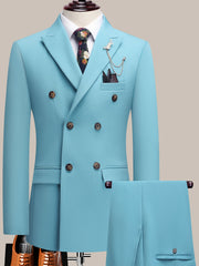 Youth Lapel Double Breasted Suit Set, Business Casual Solid Color Two-piece Set, Four Season Universal Graduation Ceremony Formal Attire, Interview Performance Dress Suit