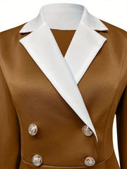 A brown double-breasted dress featuring a white lapel collar and decorative gold buttons.