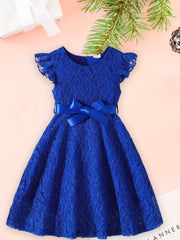 Girls Dress Lace Fly Sleeve Round Neck Casual Dress Fashion Summer Dress with Belt