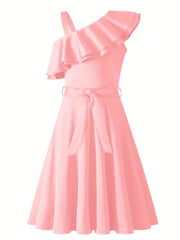 Girl's Sleeveless Polka Dot A-Line Dress with Ruffled One-Shoulder Design and Waist Bow - Black & White Summer Dress for Youngsters 5-12 Years