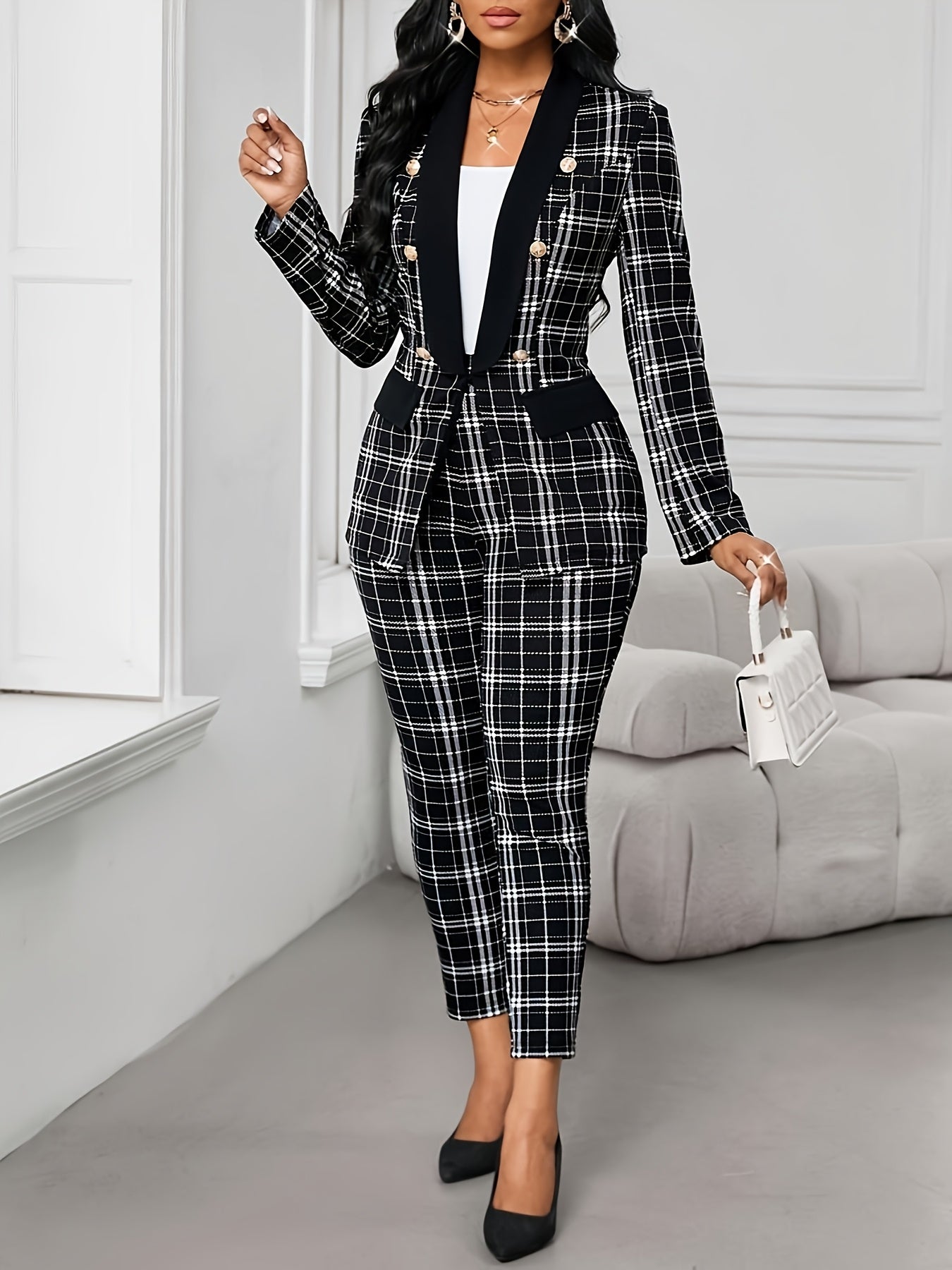 Elegant Geometric Print Plaid Blazer & Pants Set - Black & White Checkered, Long Sleeve, Button-Up, Casual Western Style, Elastic Waist, Pockets, Polyester Blend, Fall & Spring Attire for Women, Casual Attire|Modern Casualwea SHOWLU FASHION STORE