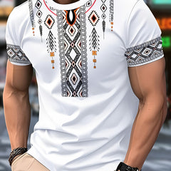 A white men's crew neck t-shirt featuring a vibrant geometric tribal print down the center.
