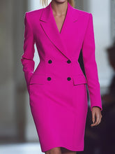 A bright pink long-sleeve blazer dress featuring a double-breasted design and a notch lapel.