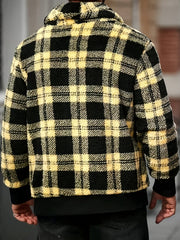 Men'S Plush Jacket - Black & Yellow Checkered Coat, Soft Thermal Insulation Lightweight Outerwear for Fall/Winter, Minimalist Formal & Everyday Blazers, Easy-Care Non-Lined Design, Fall Fashion, Classic Collar, Durable Constr