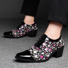 Men's floral print lace-up dress shoes with a pointed toe and block heel.