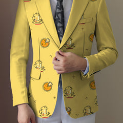 A yellow men's blazer featuring a repeating cartoon pattern of pizza and beer mugs.