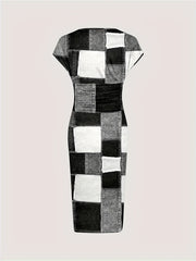 A short-sleeved, V-neck bodycon dress featuring a black, white, and grey patchwork plaid print.