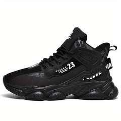 A black mid-top men's running shoe with a chunky rubber sole and lace-up closure.