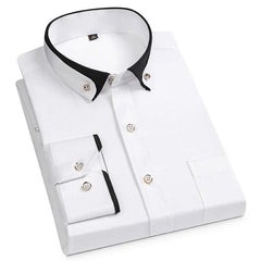 A white long-sleeve button-down shirt featuring a black contrast collar and matching cuff trim.
