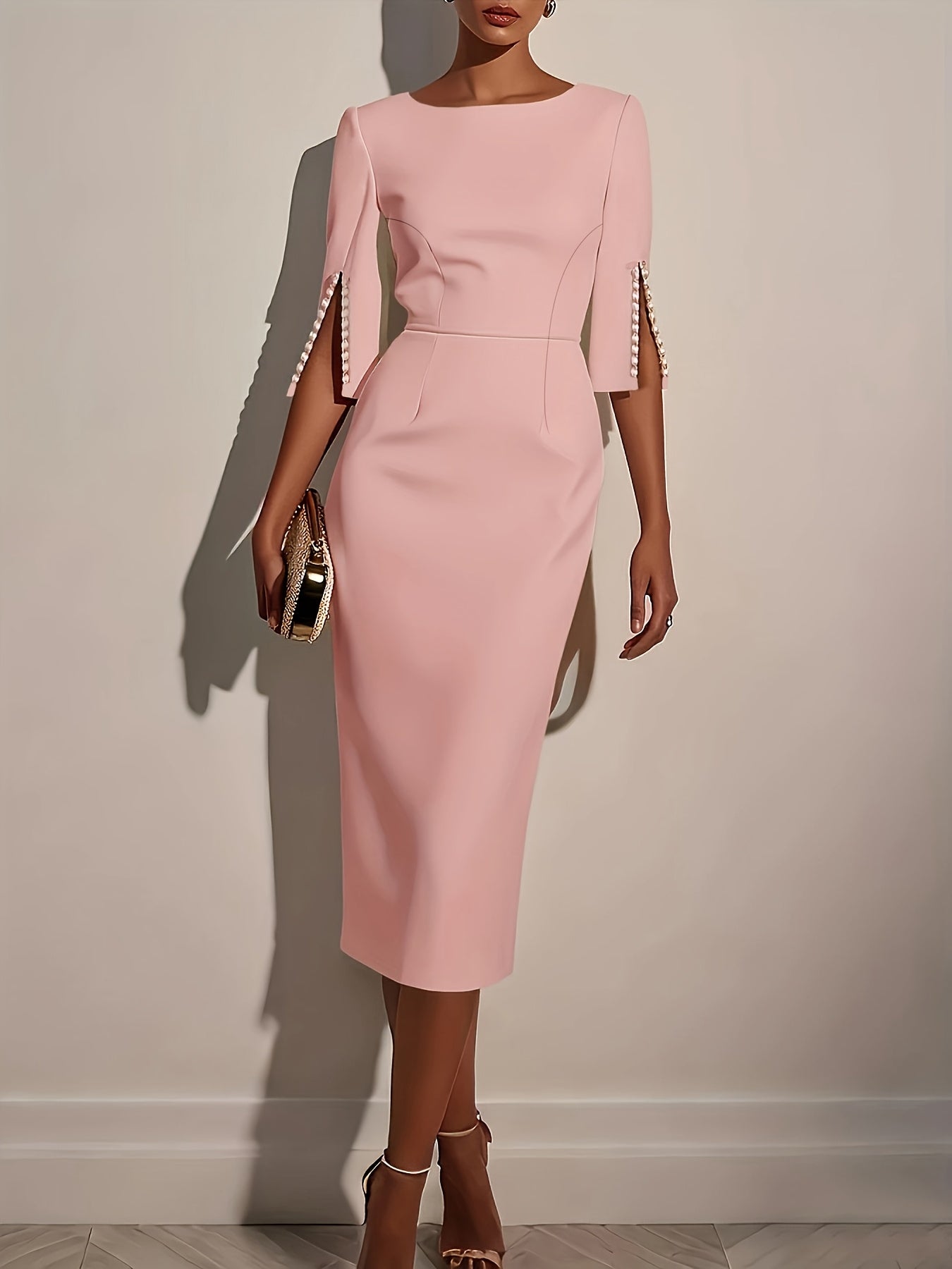 A light pink knee-length pencil dress with a crew neck and pearl-accented split sleeves.