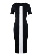 A black bodycon midi dress with a vertical white stripe down the center and short sleeves.